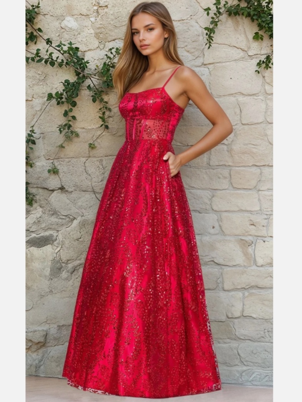 Windsor Red Glitter-mesh Floor-Length Gown Long Ballgown Prom Dress Size 7